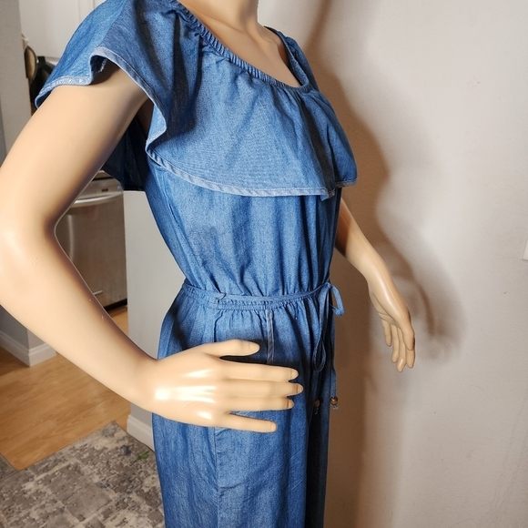 WRAPPER chambray blue belted cropped wideleg jumper, pockets. Size Medium - Picture 5 of 16